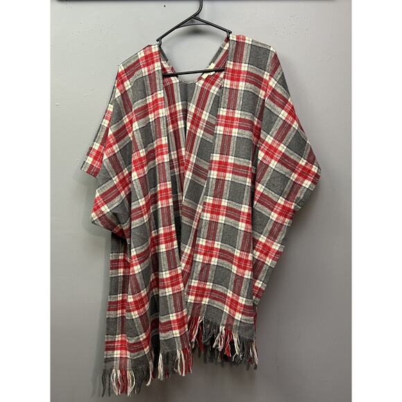 Kori America Poncho Womens Medium Gray Red Plaid Fringe Pullover Wool Blend Wrap - Picture 1 of 8
